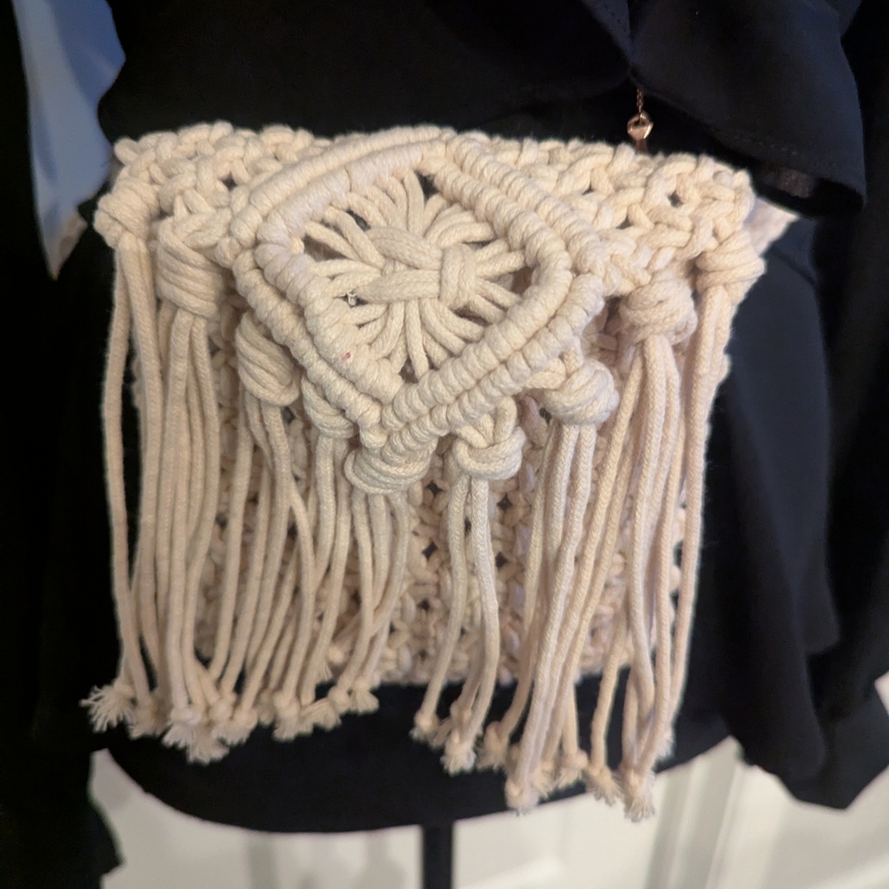 Free People Handcrafted Cream Macramé Fringe Bag